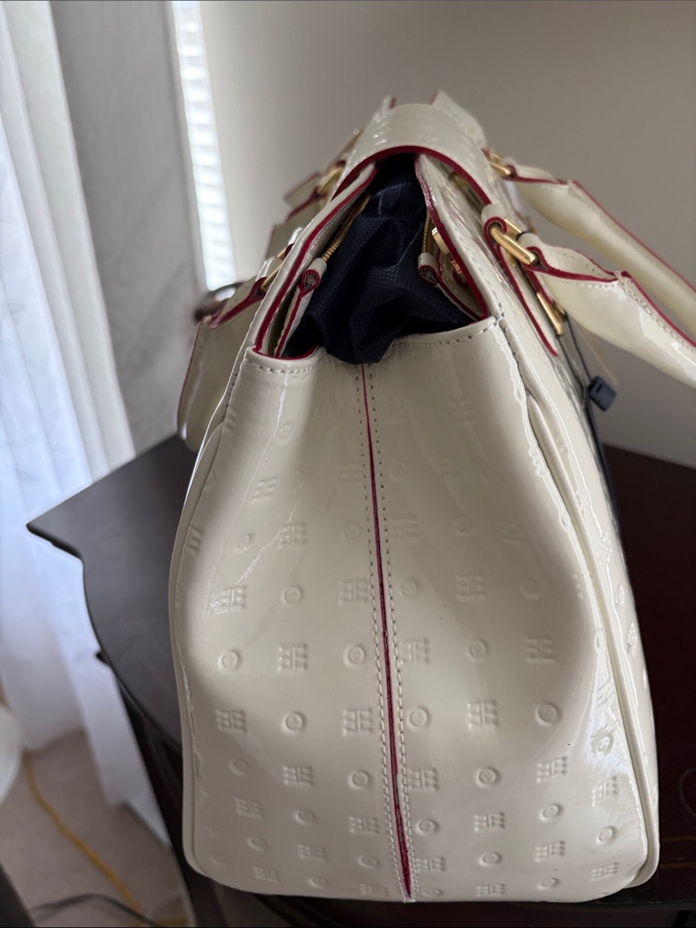 Arcadia White Embossed Leather Satchel with Gold Hardware - Picture 2 of 6